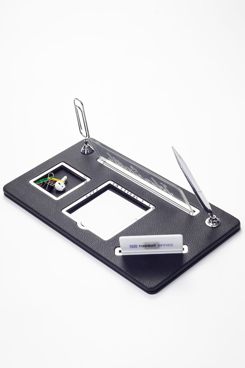 Royal Organizer Deri Masa İsimliği Siyah Krom Detaylı