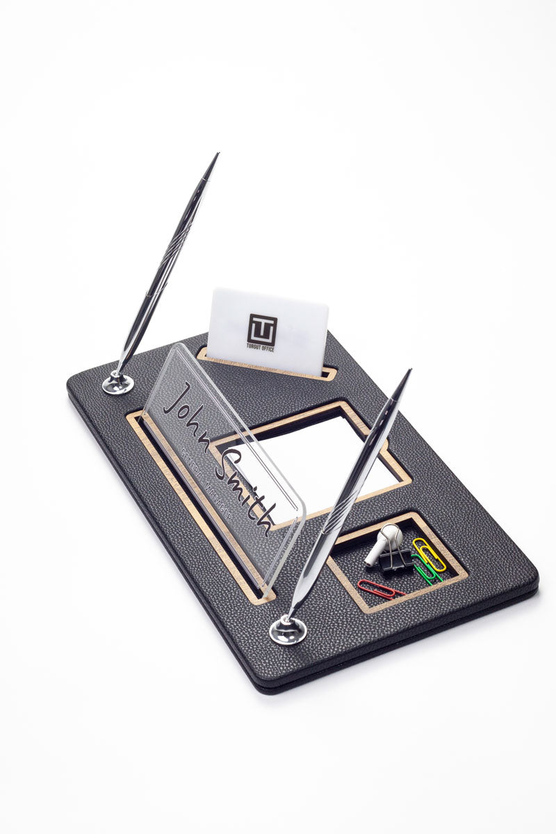 Royal Organizer İki Kalemli Deri Masa İsimliği Siyah Ahşap Detaylı