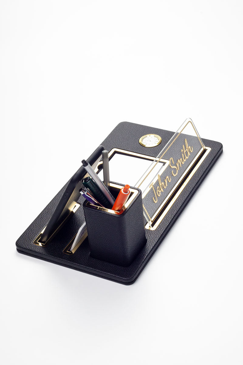London Masaüstü İsimliği Deri Organizer Siyah Gold Detaylı Saat ve Kalemlikli