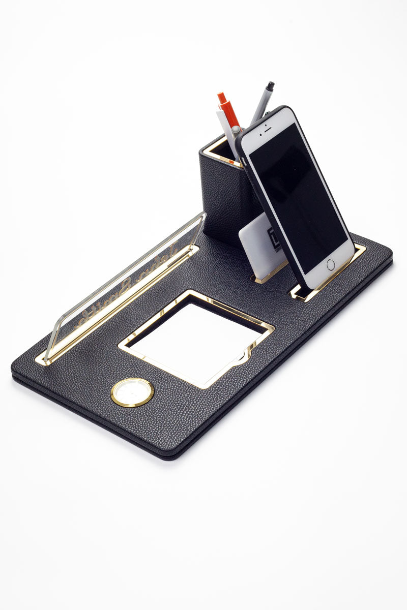 London Masaüstü İsimliği Deri Organizer Siyah Gold Detaylı Saat ve Kalemlikli