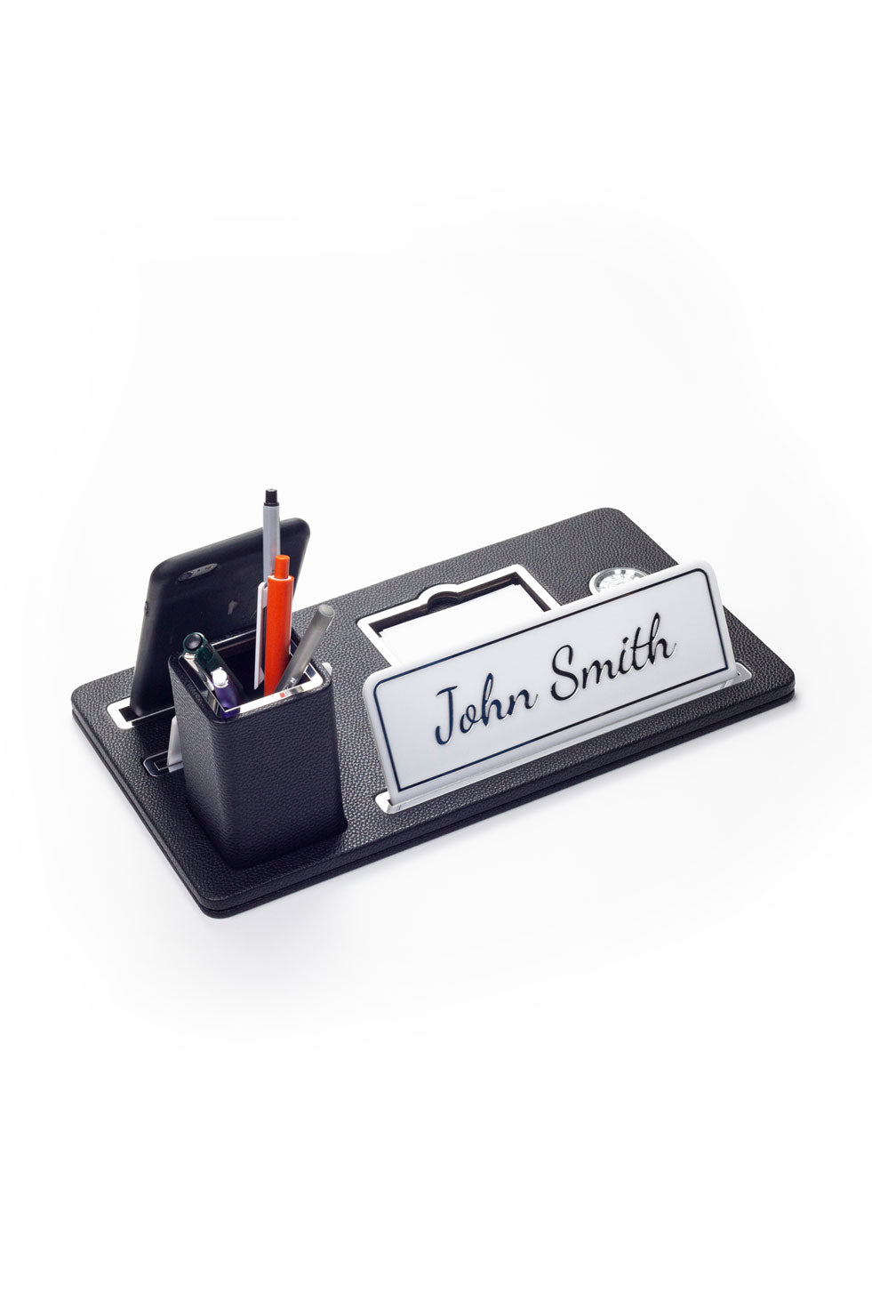 London Masaüstü İsimliği Deri Organizer Siyah Krom Detaylı