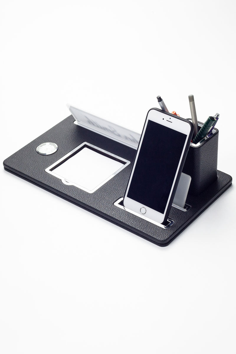 London Masaüstü İsimliği Deri Organizer Siyah Krom Detaylı