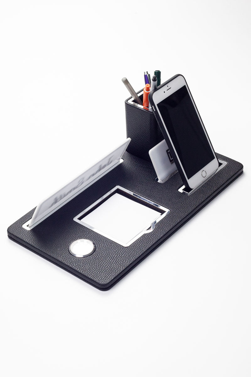 London Masaüstü İsimliği Deri Organizer Siyah Krom Detaylı