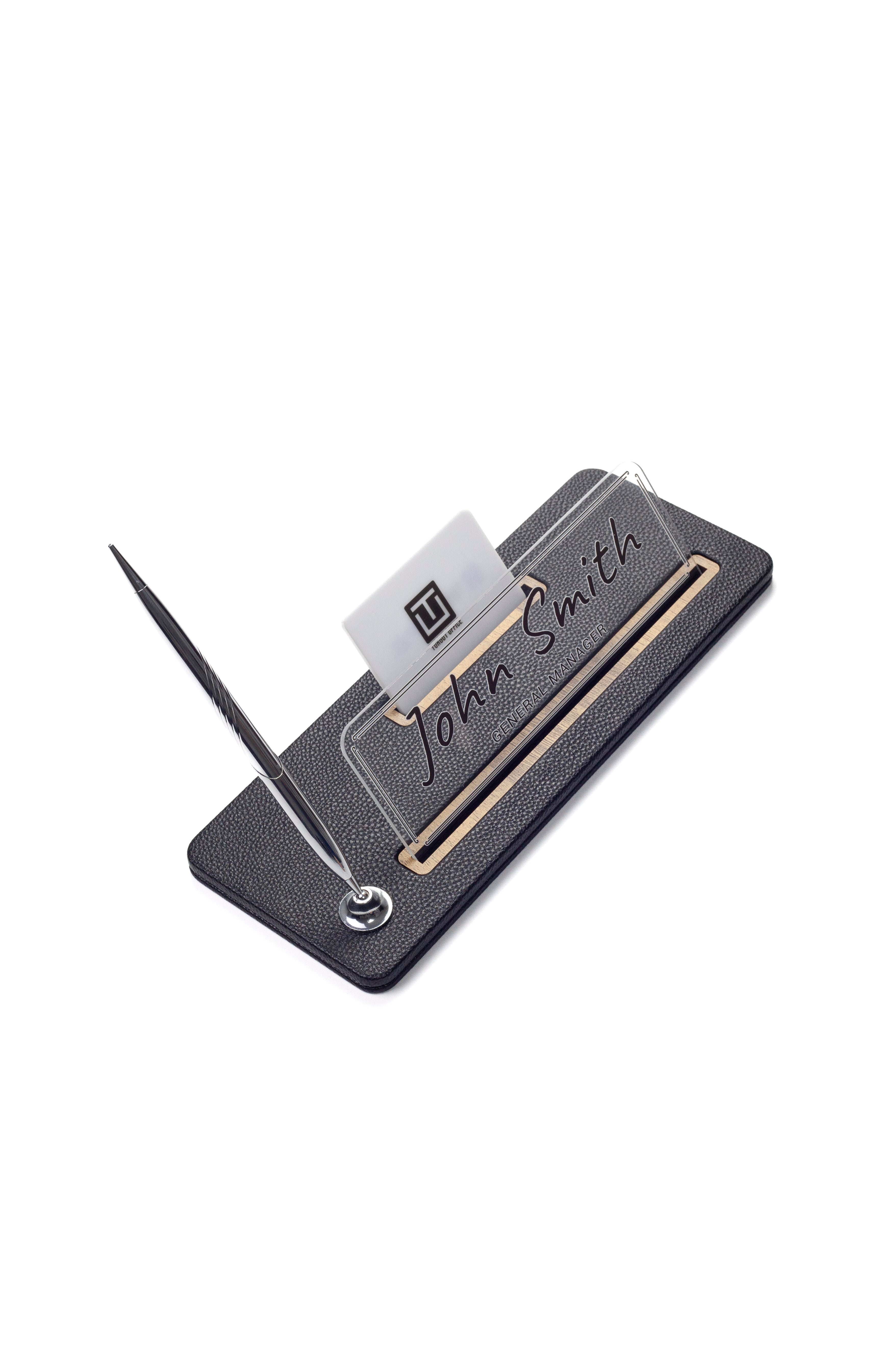 Deri Masa İsimliği Ahşap Detaylı