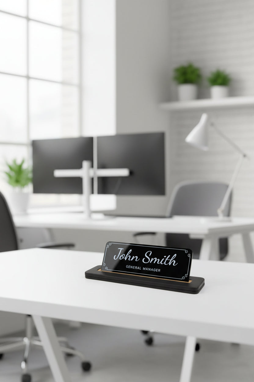 Alya Deri Masa İsimliği Düz Siyah Ahşap Detaylı