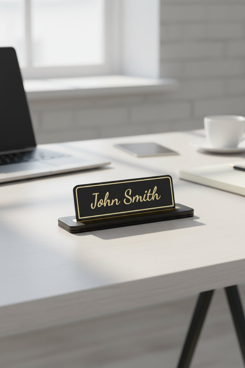 Alya Deri Masa İsimliği Düz Siyah Gold Detaylı