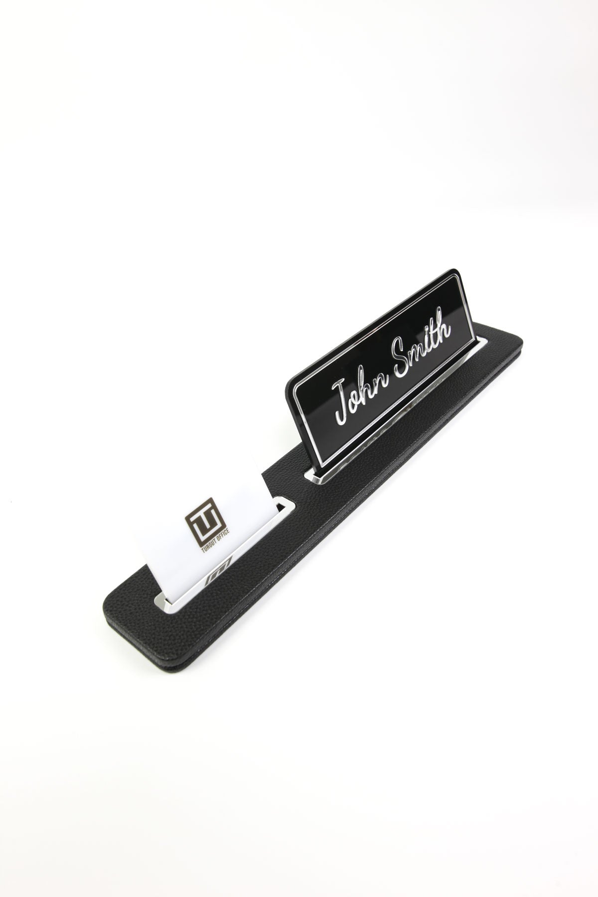 Rigel Deri Masa İsimliği Siyah Uzun Krom Detaylı - İsimlik ve Kartvizitlik