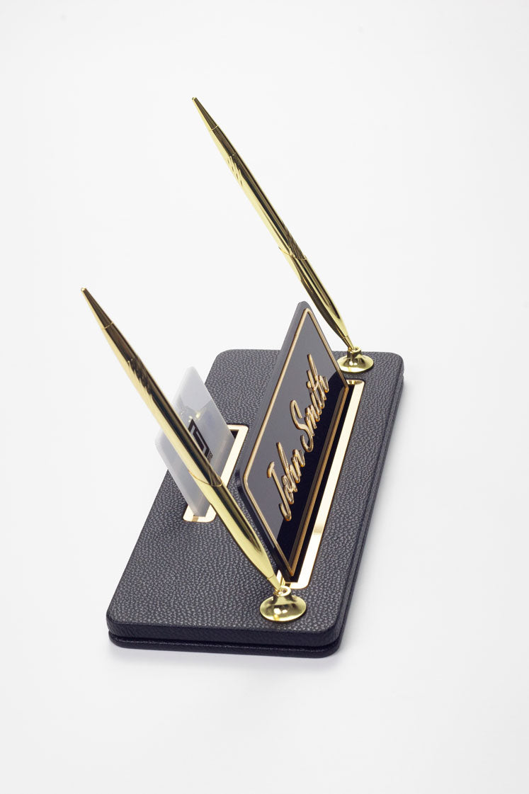 Capella İki Kalemli Deri Masa İsimliği Siyah Gold Detaylı