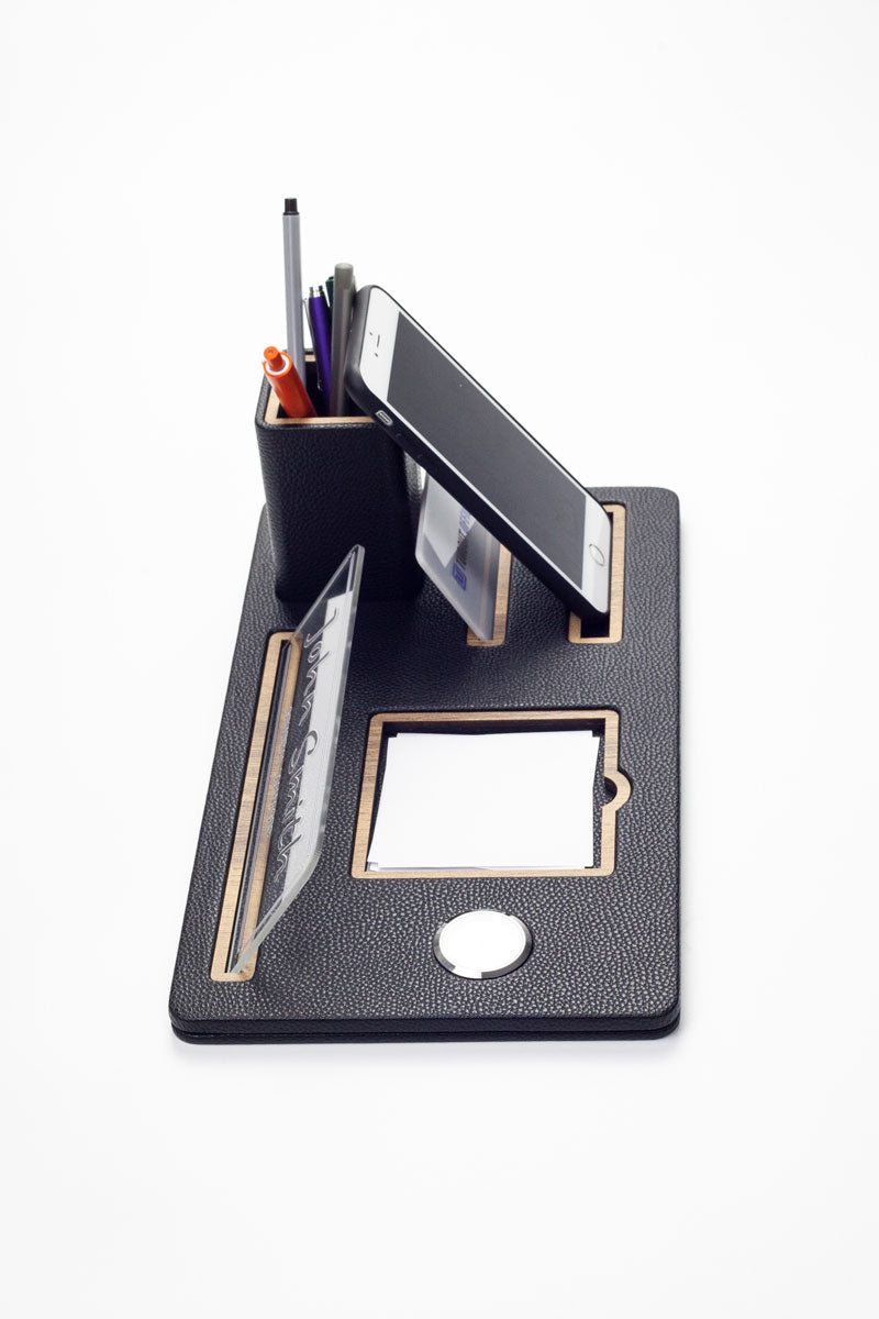 London Masaüstü İsimliği Deri Organizer Siyah Ahşap Detaylı Saat ve Kalemlikli