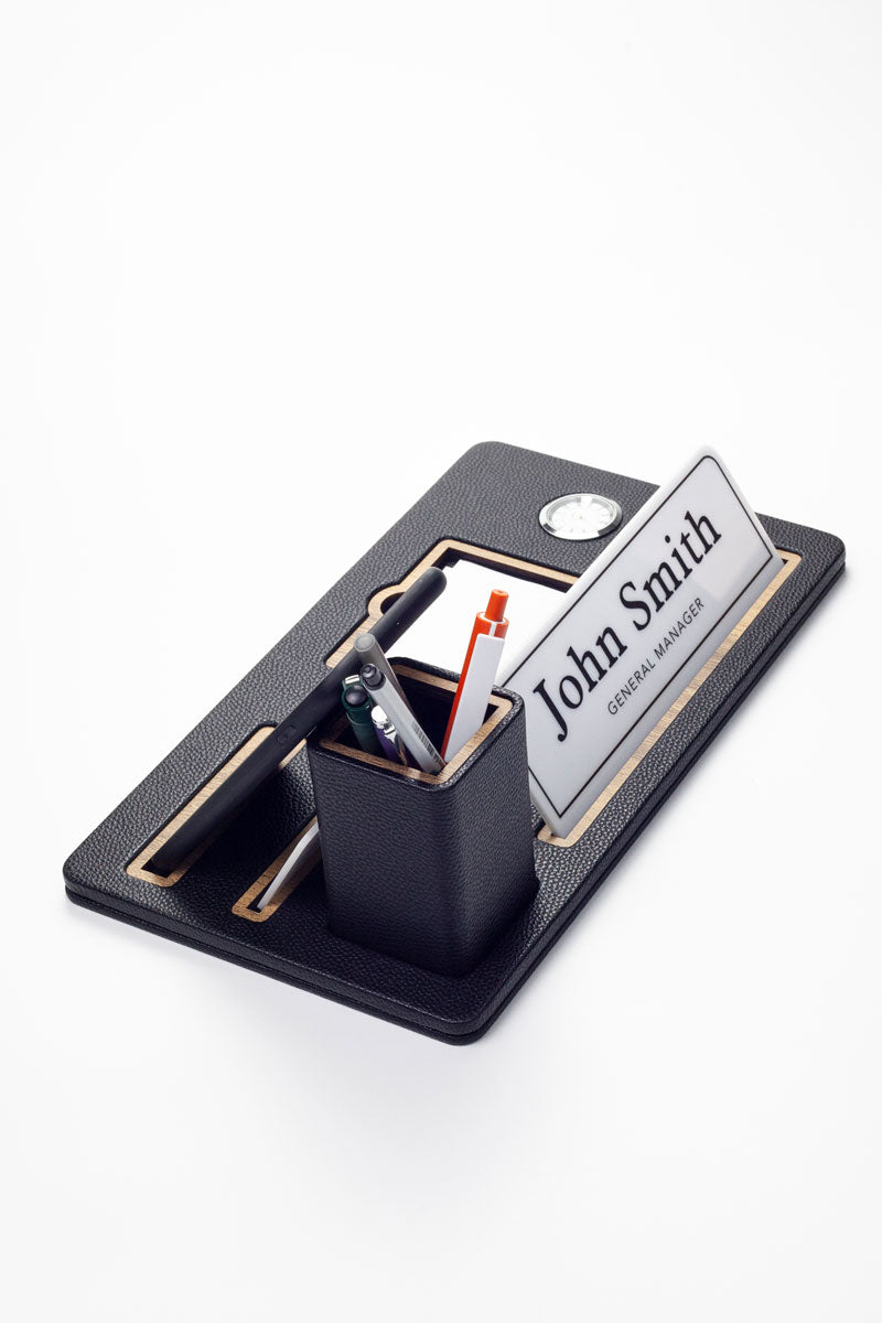 London Masaüstü İsimliği Deri Organizer Siyah Ahşap Detaylı Saat ve Kalemlikli