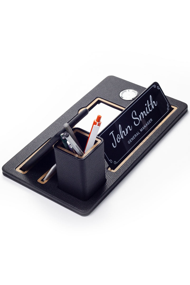 London Masaüstü İsimliği Deri Organizer Siyah Ahşap Detaylı Saat ve Kalemlikli