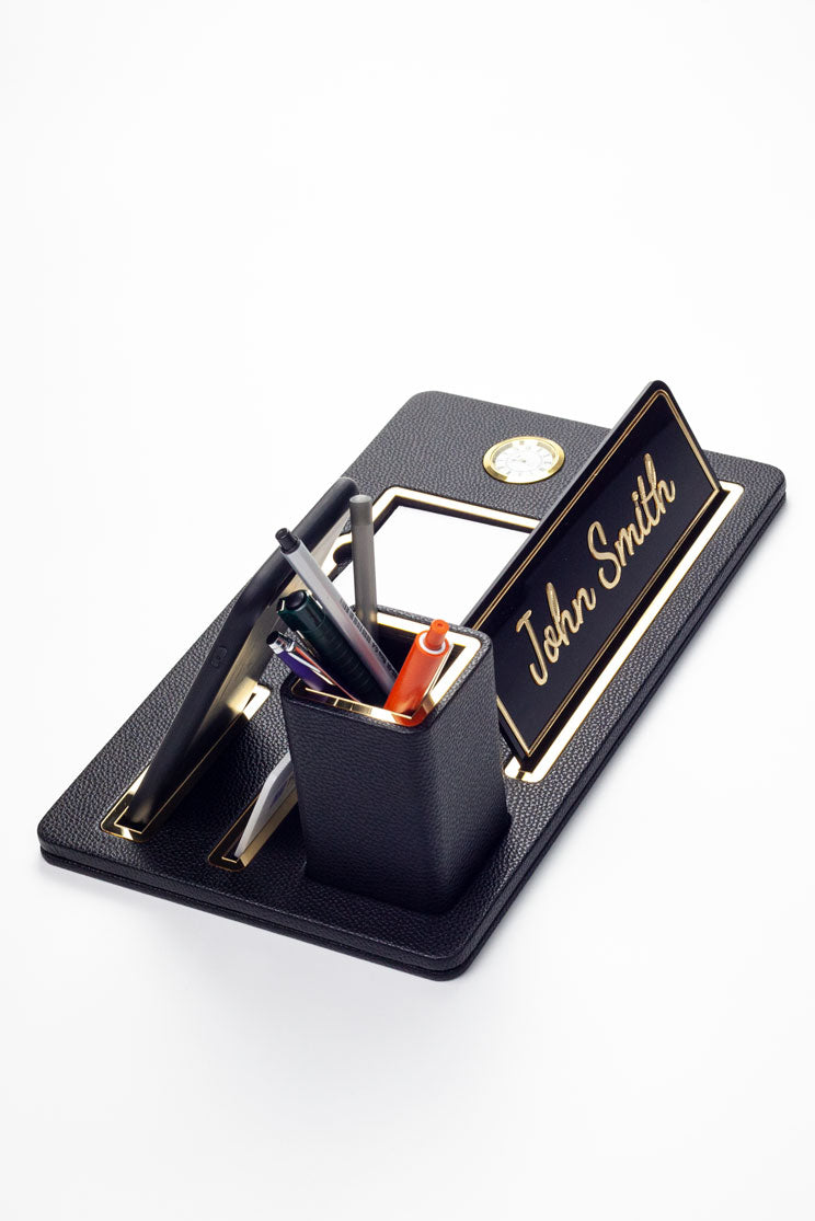 London Masaüstü İsimliği Deri Organizer Siyah Gold Detaylı Saat ve Kalemlikli