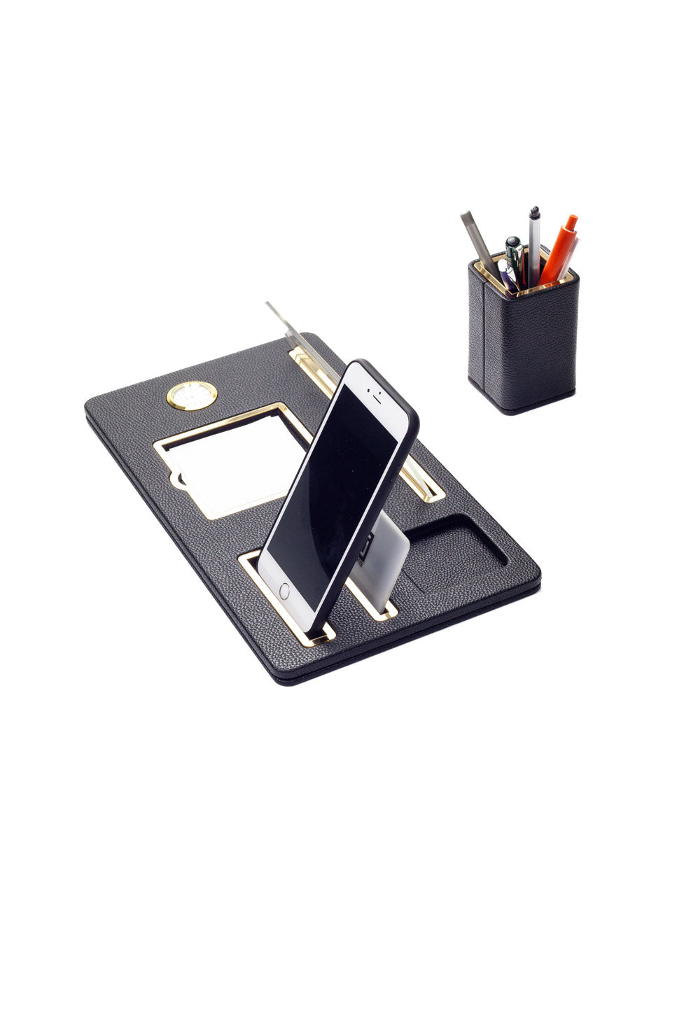 London Masaüstü İsimliği Deri Organizer Siyah Gold Detaylı Saat ve Kalemlikli