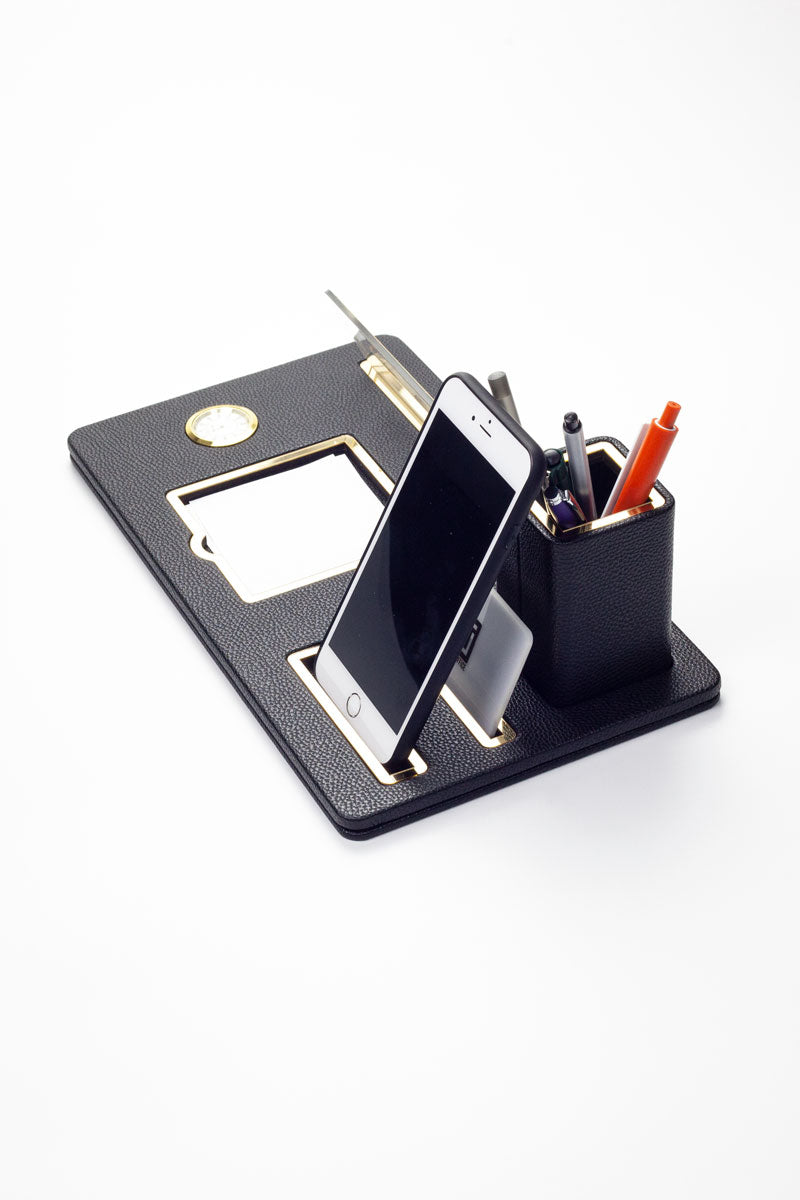 London Masaüstü İsimliği Deri Organizer Siyah Gold Detaylı Saat ve Kalemlikli