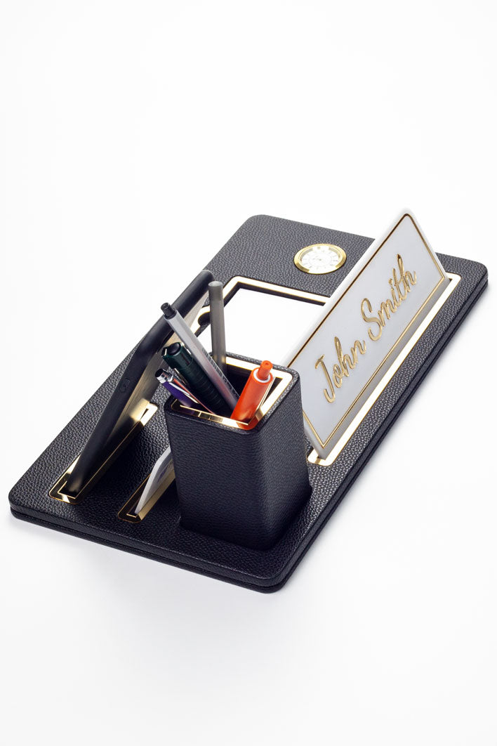 London Masaüstü İsimliği Deri Organizer Siyah Gold Detaylı Saat ve Kalemlikli