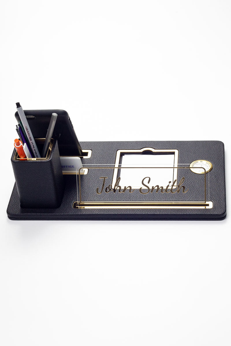 London Masaüstü İsimliği Deri Organizer Siyah Gold Detaylı Saat ve Kalemlikli