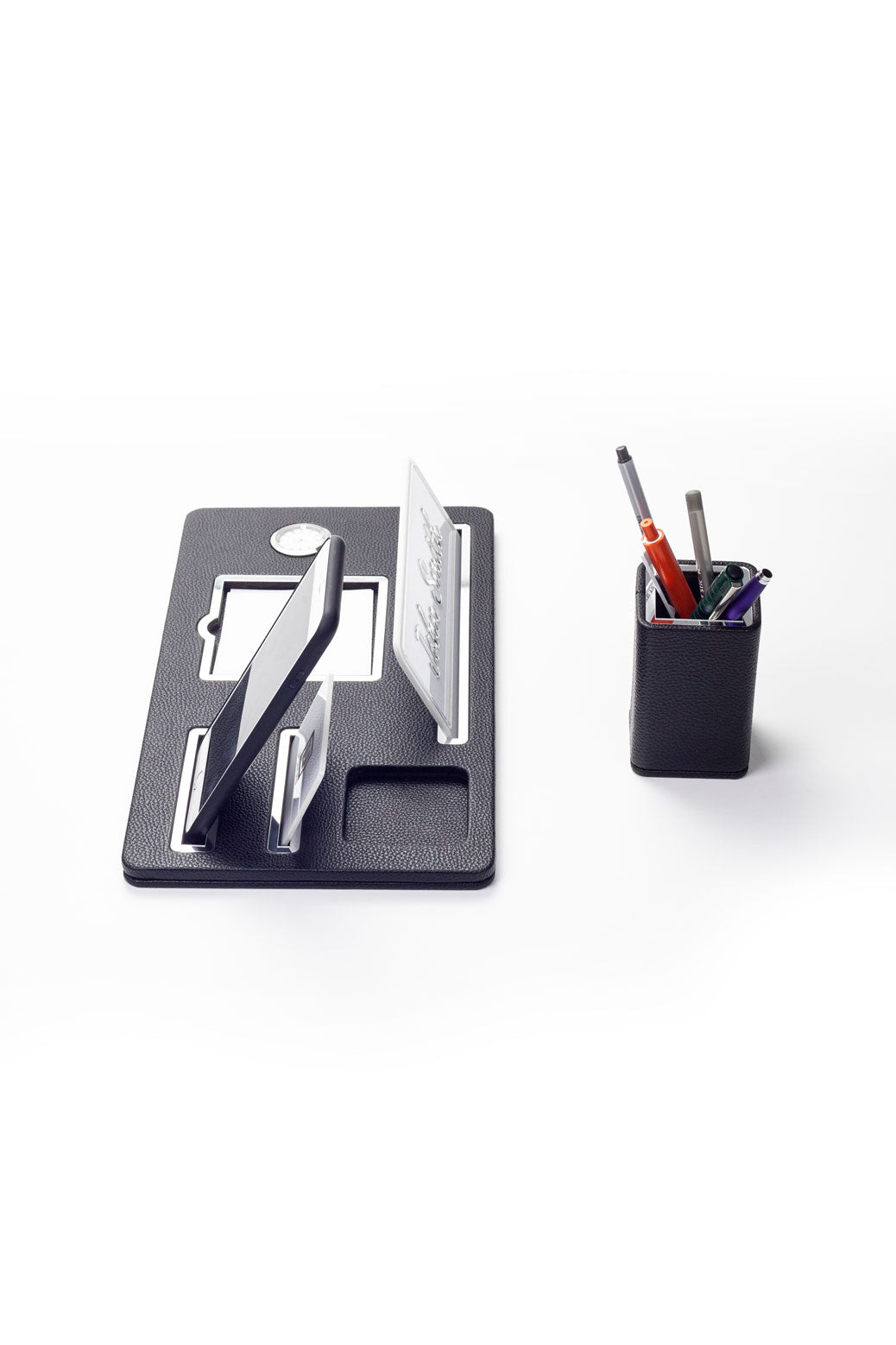 London Masaüstü İsimliği Deri Organizer Siyah Krom Detaylı Saat ve Kalemlikli