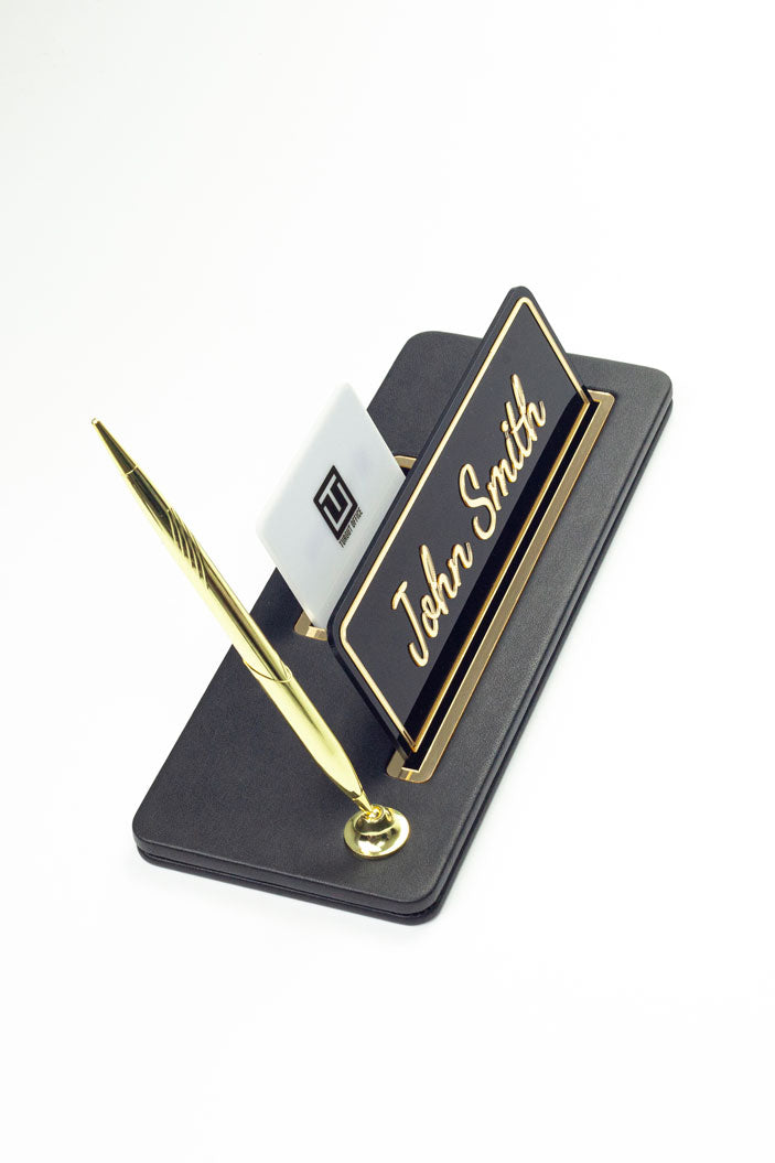 Cavalli Tek Kalemli Deri Masa İsimliği Düz Siyah Gold Detaylı