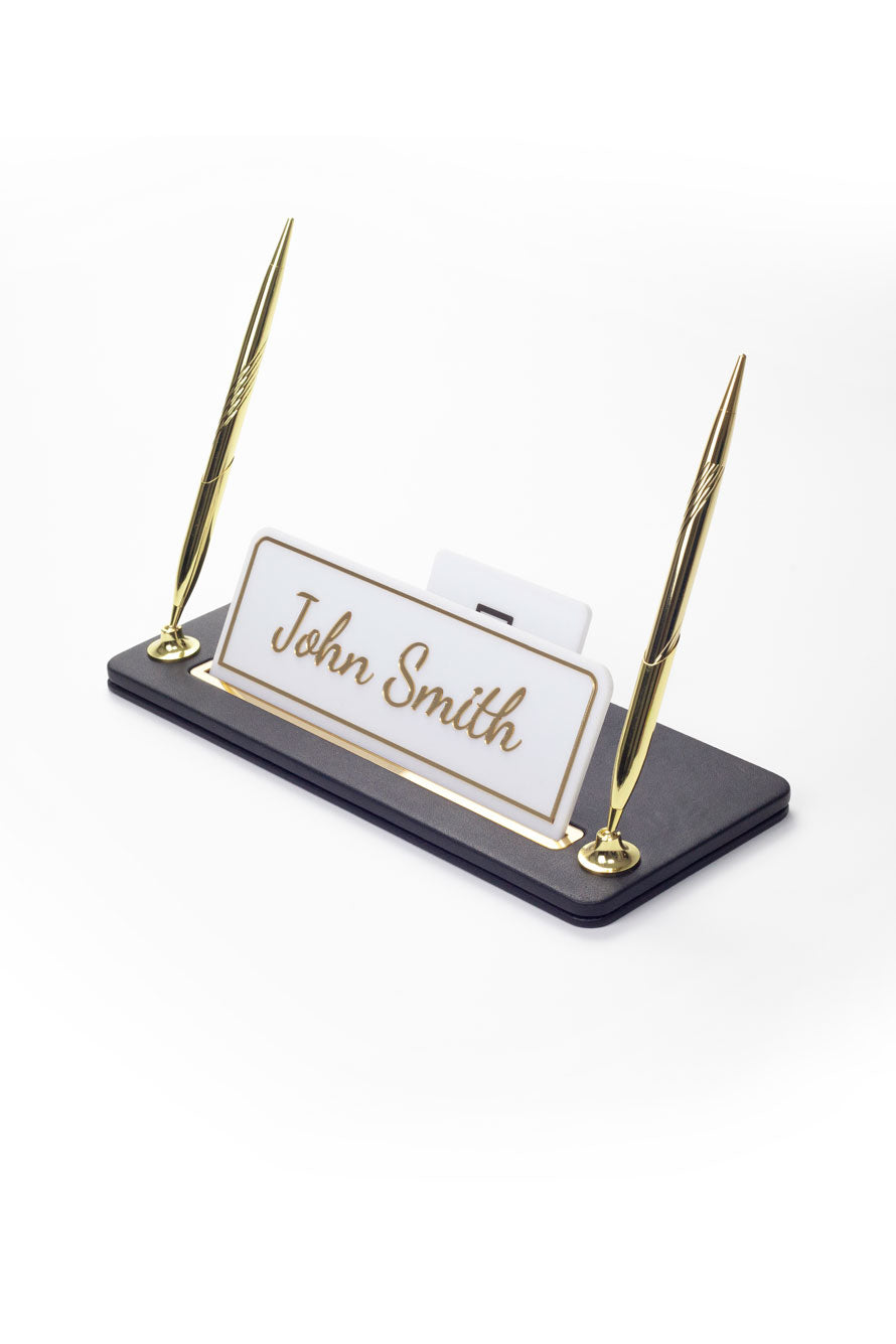 Capella İki Kalemli Deri Masa İsimliği Düz Siyah Gold Detaylı