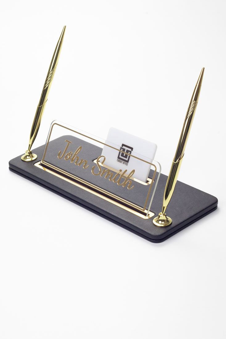 Capella İki Kalemli Deri Masa İsimliği Düz Siyah Gold Detaylı