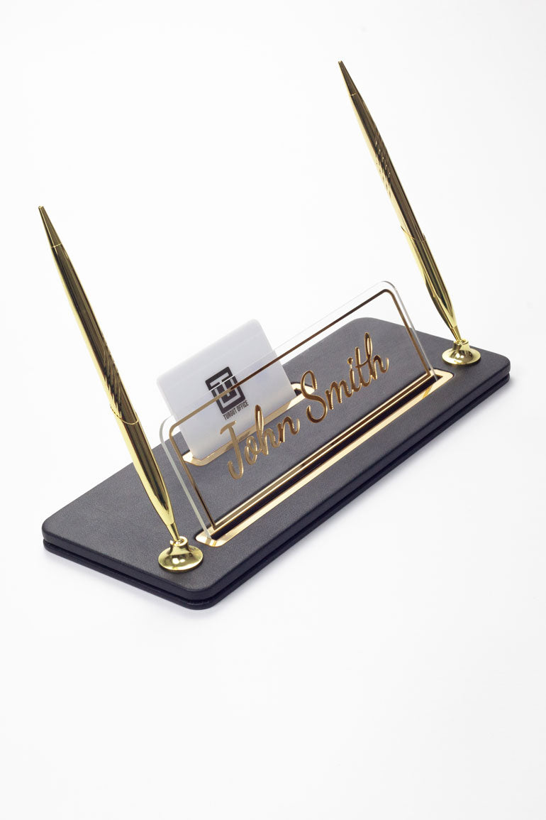 Capella İki Kalemli Deri Masa İsimliği Düz Siyah Gold Detaylı