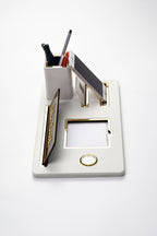 London Masaüstü İsimliği Deri Organizer Beyaz Gold Detaylı Saat ve Kalemlikli