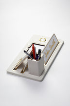 London Masaüstü İsimliği Deri Organizer Beyaz Gold Detaylı Saat ve Kalemlikli