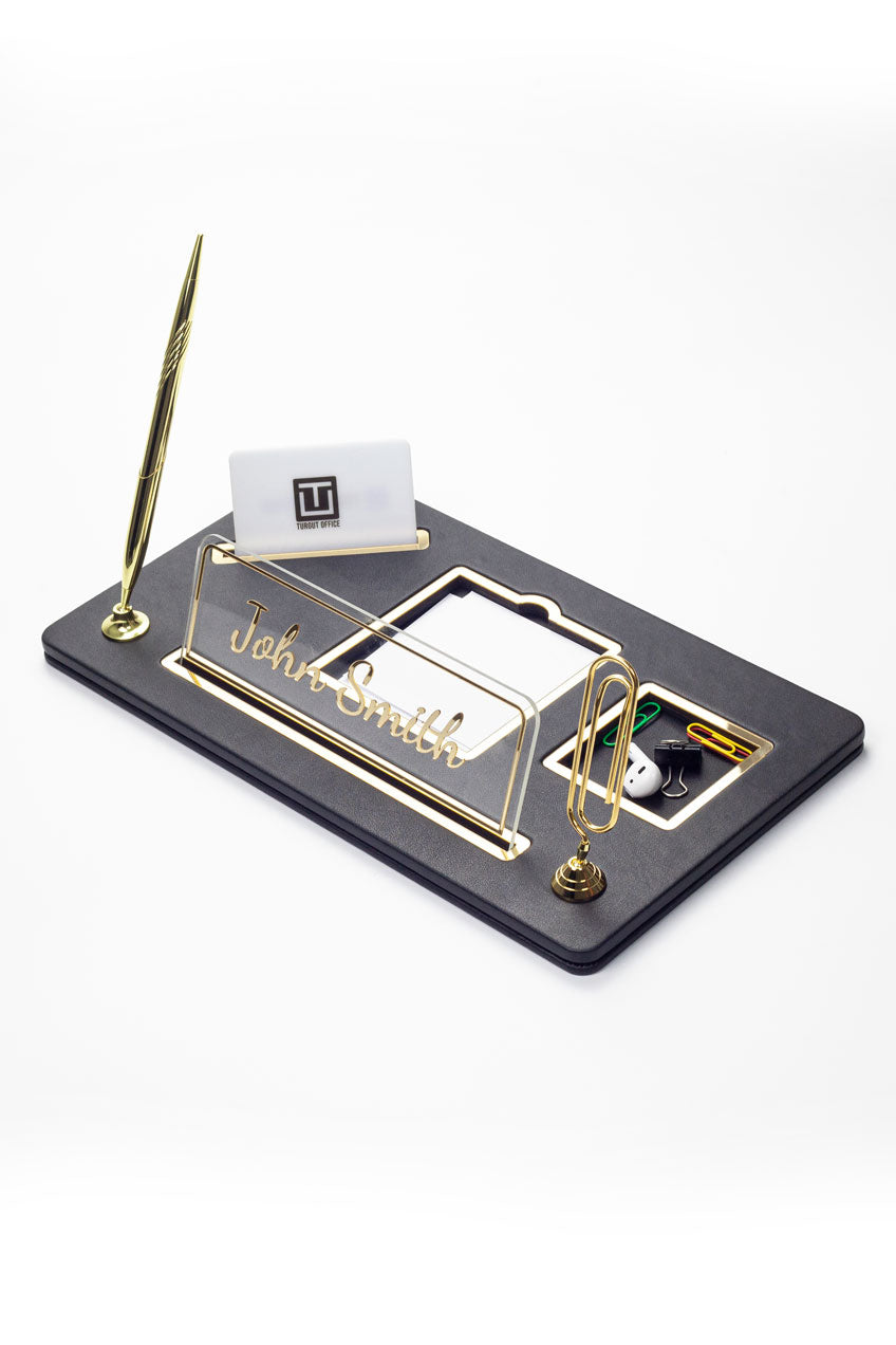 Royal Organizer Deri Masa İsimliği Düz Siyah Gold Detaylı