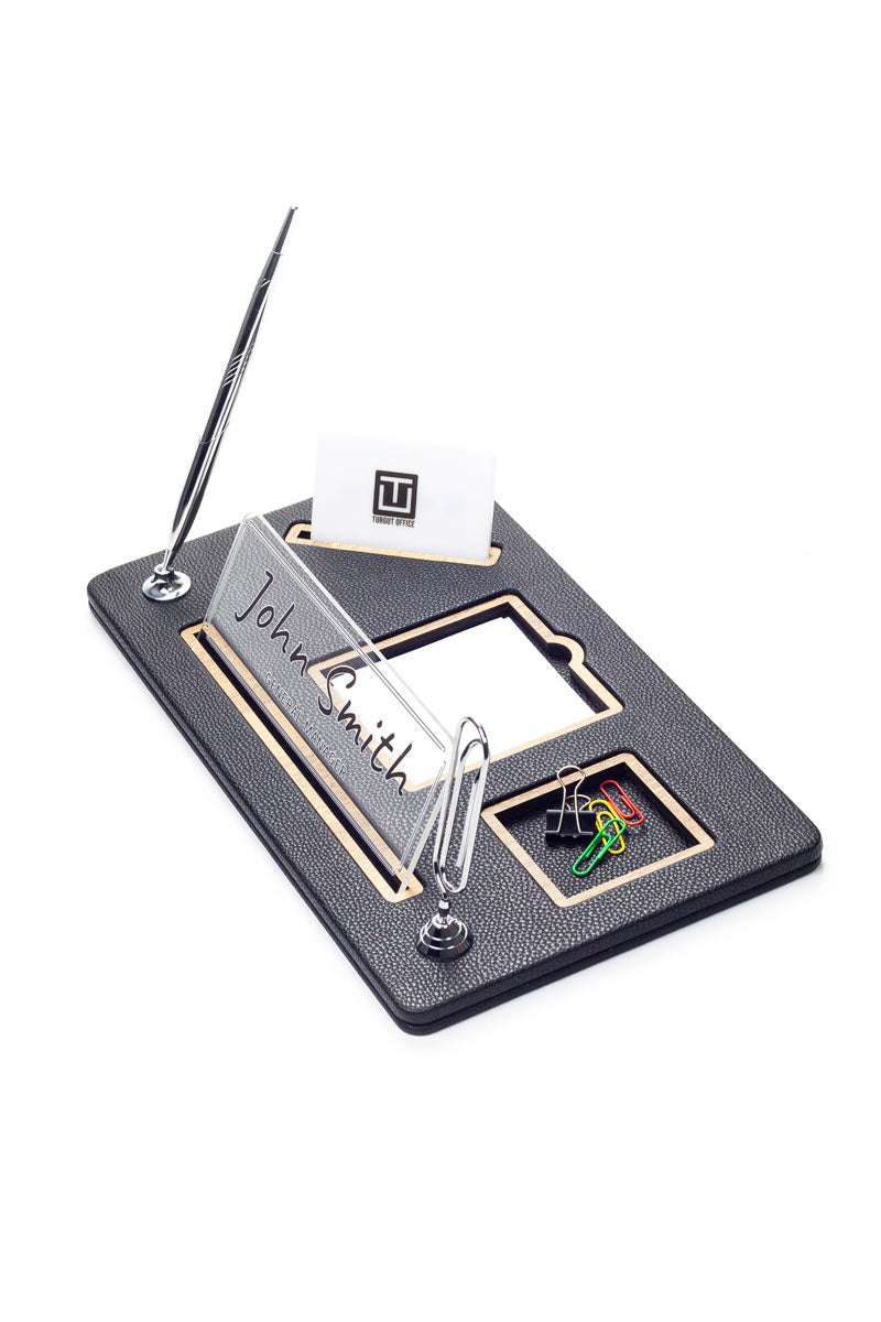 Royal Organizer Deri Masa İsimliği Siyah Ahşap Detaylı