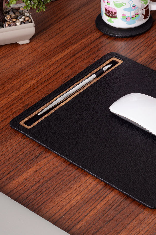 Deri Mousepad Siyah Ahşap Detaylı