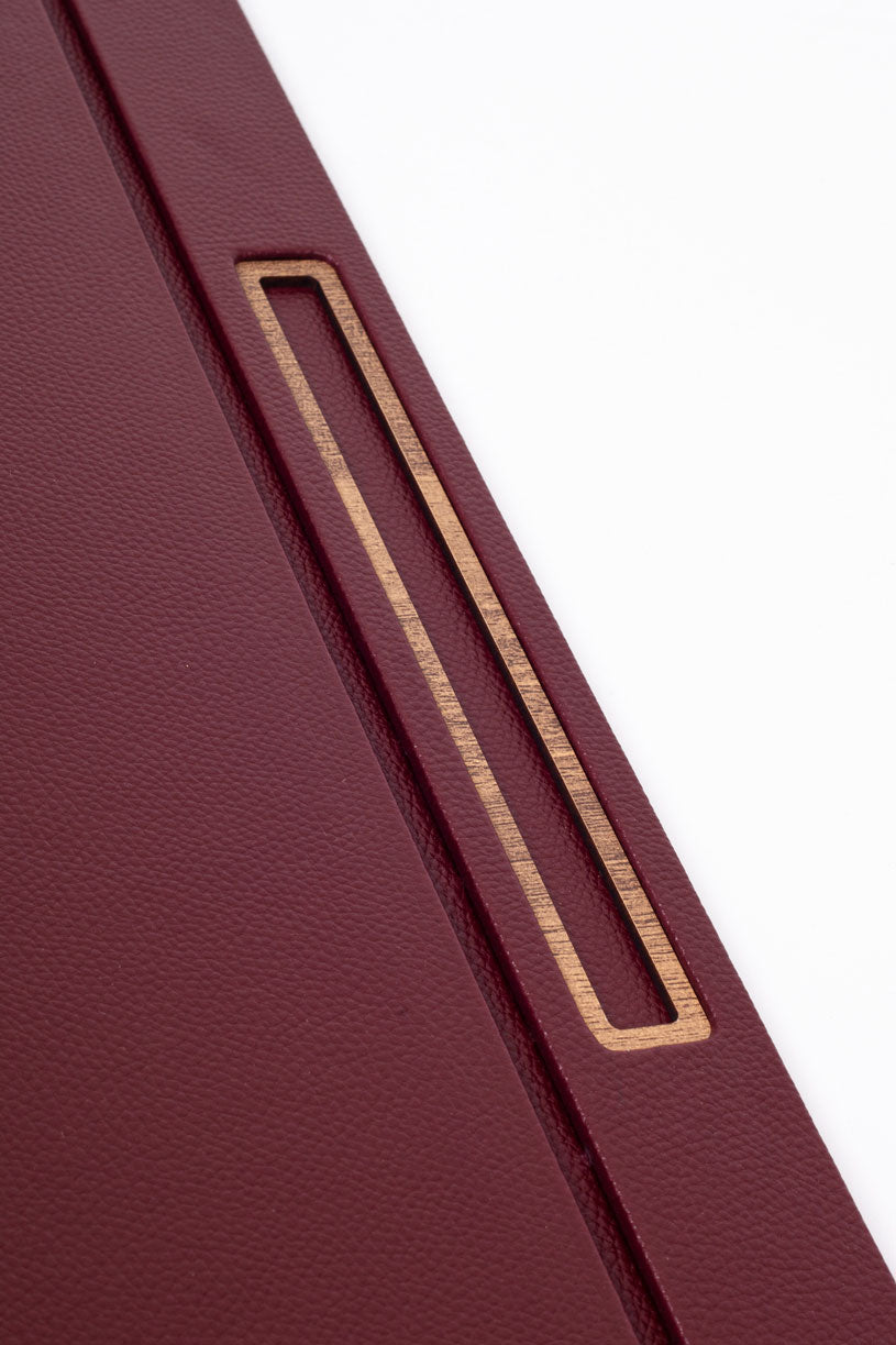 Deri Kapaklı Masa Sümeni Bordo Ahşap Detaylı 50x35cm