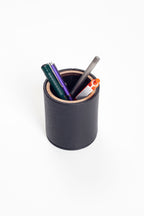 Masaüstü Deri Oval Ahşap Detaylı Kalemlik Siyah