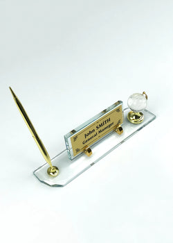 Crystal Desk Nameplate with Signature Pen and Globe Accessory